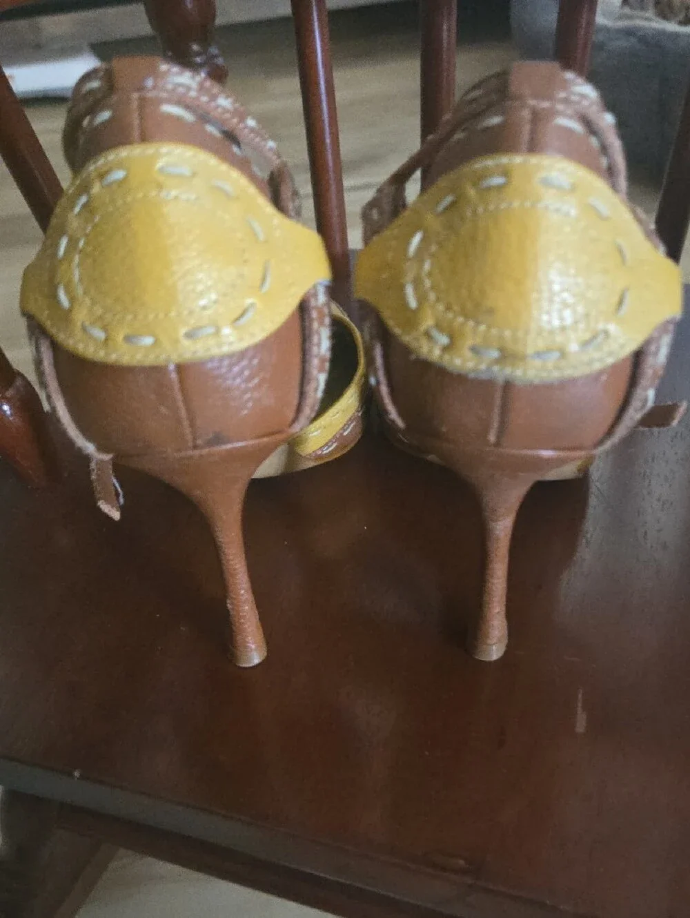 BCBGirls Unique Leather Yellow and Brown Pointed Ankle-Strap Heels